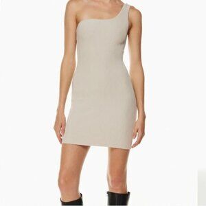 NWOT Aritzia Babaton Sculpt Knit One-Shoulder Mini Dress Matte Pearl Beige Large